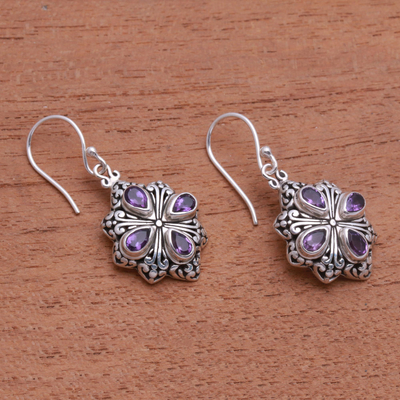Amethyst dangle earrings, 'Elegant Petals' - Amethyst and Sterling Silver Flower Motif Dangle Earrings