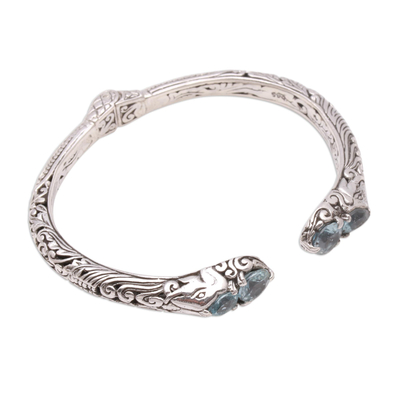 Blue topaz cuff bracelet, 'Elephant's Treasure' - Elephant Motif Blue Topaz Cuff Bracelet from Bali