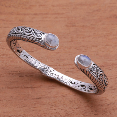 Rainbow moonstone cuff bracelet, 'Treasure Trove' - Scroll Pattern Rainbow Moonstone Cuff Bracelet from Bali