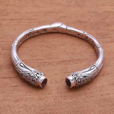 Amethyst cuff bracelet, 'Old Bamboo' - Balinese Bamboo-Shaped Amethyst Cuff Bracelet