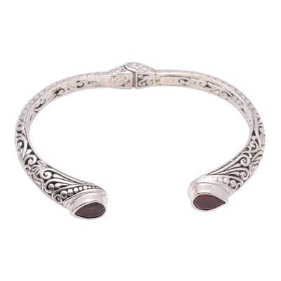 Garnet cuff bracelet, 'Balinese Terrace' - Teardrop Garnet Cuff Bracelet from Bali