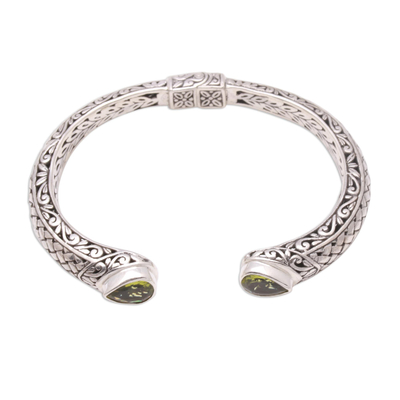 Peridot cuff bracelet, 'Woven Drops' - Weave Pattern Peridot Cuff Bracelet from Bali