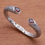 Garnet cuff bracelet, 'Woven Drops' - Weave Pattern Garnet Cuff Bracelet from Bali
