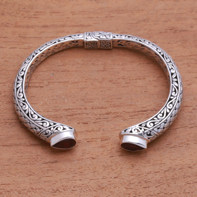 Garnet cuff bracelet, 'Woven Drops' - Weave Pattern Garnet Cuff Bracelet from Bali