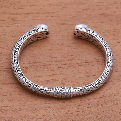 Garnet cuff bracelet, 'Woven Drops' - Weave Pattern Garnet Cuff Bracelet from Bali