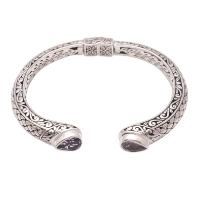 Amethyst cuff bracelet, 'Woven Drops' - Weave Pattern Amethyst Cuff Bracelet from Bali