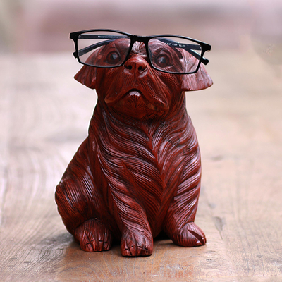 Wood eyeglasses holder, 'Obedient Pug' - Hand-Carved Suar Wood Dog Eyeglasses Holder