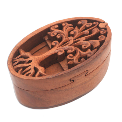 caja de rompecabezas de madera - Caja de rompecabezas de madera de suar con diseño de árbol de Bali