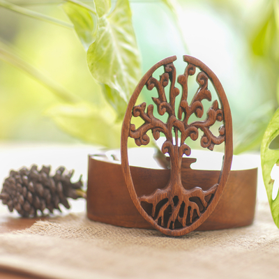 Wood puzzle box, 'Tree Oval' - Tree-Themed Suar Wood Puzzle Box from Bali