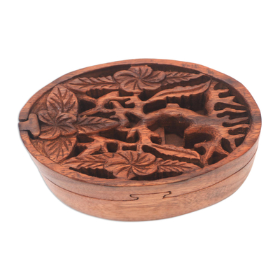 caja de rompecabezas de madera - Caja rompecabezas floral de madera de suar de Bali