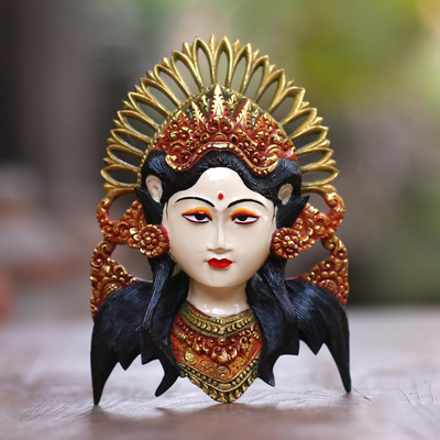 Wood mask, 'Balinese Beauty' - Hand-Painted Wood Mask Wall Sculpture of a Balinese Woman