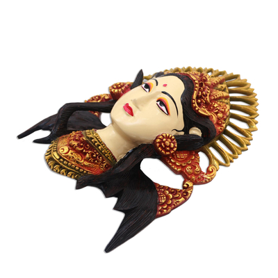 Wood mask, 'Balinese Beauty' - Hand-Painted Wood Mask Wall Sculpture of a Balinese Woman