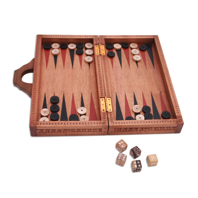 Wood backgammon set, 'Splendid Scene' - Handcrafted Wood Backgammon Set with Floral Motif Case