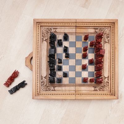Wood travel chess set, 'Tactical Journey' - Handmade Cempaka Wood Travel Chess Set from Bali