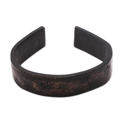 Subtle Star Motif Black Leather Cuff Bracelet from Bali