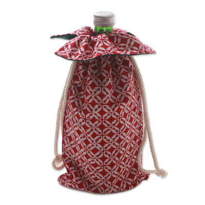 Weinflaschenbeutel aus Baumwollbatik, 'Royal Red Java'. - Rote und weiße Baumwoll-Batik-Weinflaschen-Geschenktasche