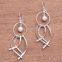 Ringed Sterling Silver Dangle Earrings from Bali,'Modern Finery'