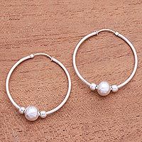 Sterling Silver Hoop Earrings with Beads from Bali,'Shiny Orbit'