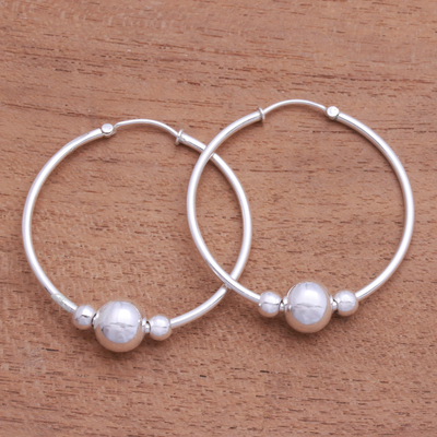 Sterling silver hoop earrings, 'Shiny Orbit' - Sterling Silver Hoop Earrings with Beads from Bali