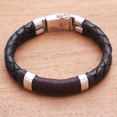 Braided leather and sterling silver wristband bracelet, 'Beautiful Connection' - Leather and Sterling Silver Braided Wristband Bracelet