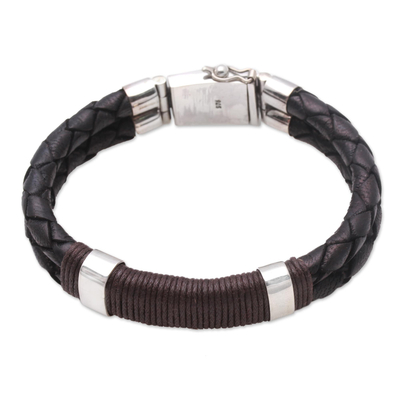 Leather and sterling silver braided wristband bracelet, 'Beautiful Connection' - Leather and Sterling Silver Braided Wristband Bracelet