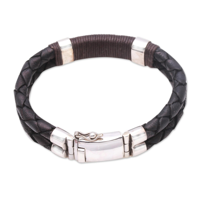Braided leather and sterling silver wristband bracelet, 'Beautiful Connection' - Leather and Sterling Silver Braided Wristband Bracelet