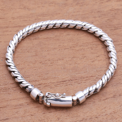 Sterling silver link bracelet, 'Twining' - Unisex Sterling Silver Unique Link Chain Bracelet from Bali