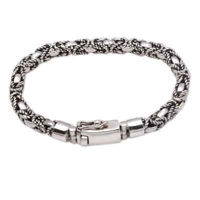 Sterling silver chain bracelet, 'Majestic Coils' - Unisex Sterling Silver Rope Motif Chain Bracelet from Bali