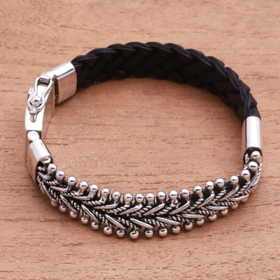 Leather and sterling silver bracelet, 'Majestic Duo in Black' - Black Braided Leather and Sterling Silver Link Bracelet