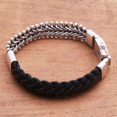 Leather and sterling silver bracelet, 'Majestic Duo in Black' - Black Braided Leather and Sterling Silver Link Bracelet