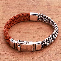 Leather and sterling silver bracelet, 'Majestic Duo in Brown' - Brown Braided Leather and Sterling Silver Bracelet