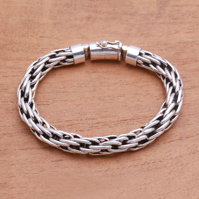 Unisex Sterling Silver Chain Bracelet from Bali - Strength Unified | NOVICA