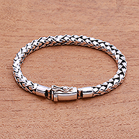 Unisex Sterling Silver Woven Motif Chain Bracelet from Bali,'Interwoven Strength'