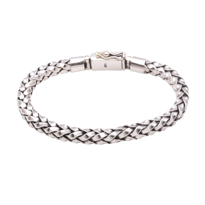 Sterling silver chain bracelet, 'Interwoven Strength' - Unisex Sterling Silver Woven Motif Chain Bracelet from Bali