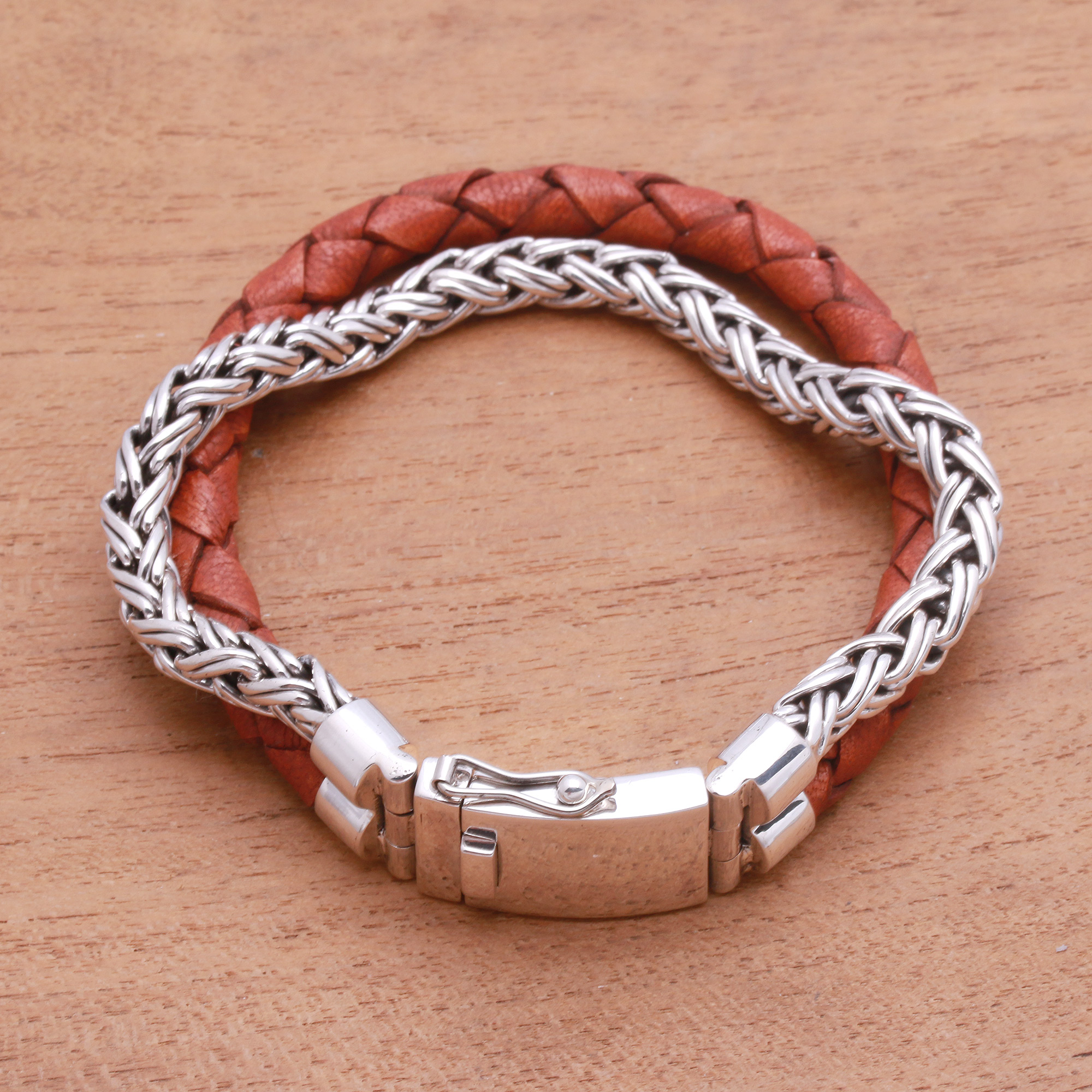 92.5 Silver Lion Head With Ring Clasp Braided Leather Bracelet For