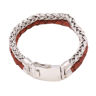 Men's sterling silver and leather bracelet, 'Double Virtue in Brown' - Men's Sterling Silver and Brown Leather Bracelet from Bali