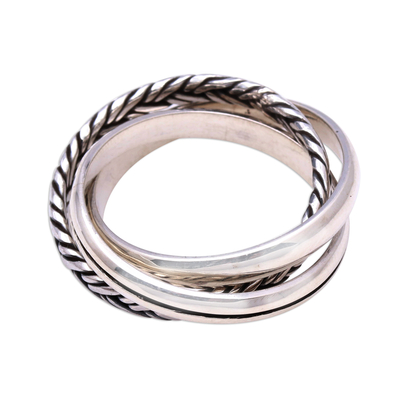 Sterling silver band ring, 'Appealing Trio' - Combination Pattern Sterling Silver Band Ring from Bali