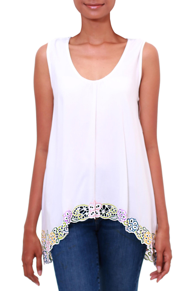 Rayon blouse, 'Flower Colors in White' - Floral Embroidered Rayon Blouse in White from Bali