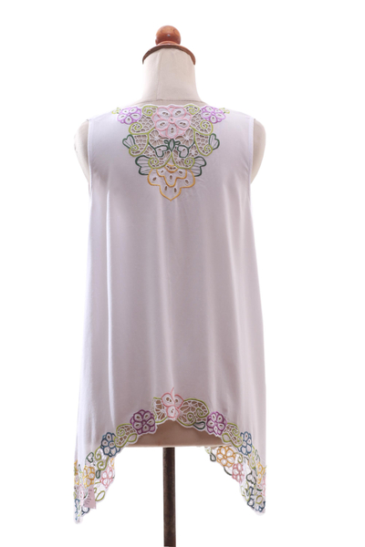 Rayon blouse, 'Flower Colors in White' - Floral Embroidered Rayon Blouse in White from Bali