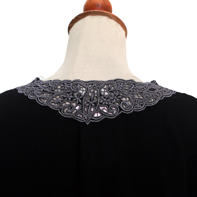 Rayon tunic, 'Kayangan in Black' - Ebony and Smoke Embroidered Rayon Tunic from Bali