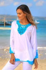 Rayon tunic, 'Kayangan in White' - White and Turquoise Embroidered Rayon Tunic from Bali