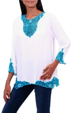 Rayon tunic, 'Kayangan in White' - White and Turquoise Embroidered Rayon Tunic from Bali