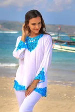 Rayon tunic, 'Kayangan in White' - White and Turquoise Embroidered Rayon Tunic from Bali
