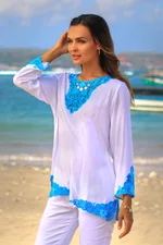 Rayon tunic, 'Kayangan in White' - White and Turquoise Embroidered Rayon Tunic from Bali