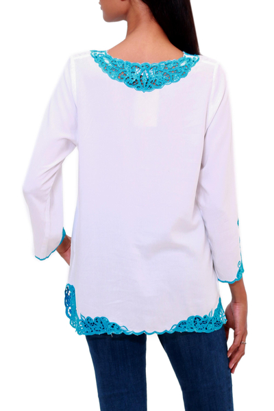 Rayon tunic, 'Kayangan in White' - White and Turquoise Embroidered Rayon Tunic from Bali
