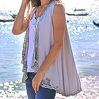 Floral Embroidered Rayon Vest in Beige from Bali,'Garden's Glory in Beige'