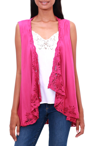 Rayon vest, 'Garden's Glory in Magenta' - Floral Embroidered Rayon Vest in Magenta from Bali