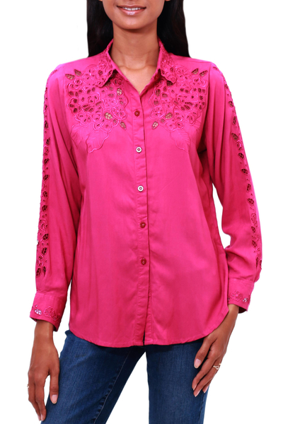 Rayon button-up blouse, 'Floral Cloud in Magenta' - Floral Rayon Button-Up Shirt in Magenta from Bali