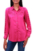 Rayon button-up blouse, 'Floral Cloud in Magenta' - Floral Rayon Button-Up Shirt in Magenta from Bali thumbail