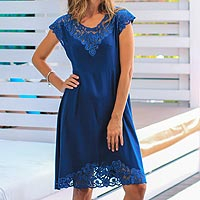 Embroidered Rayon Fit & Flare Dress in Azure from Bali,'Azure Kirana'